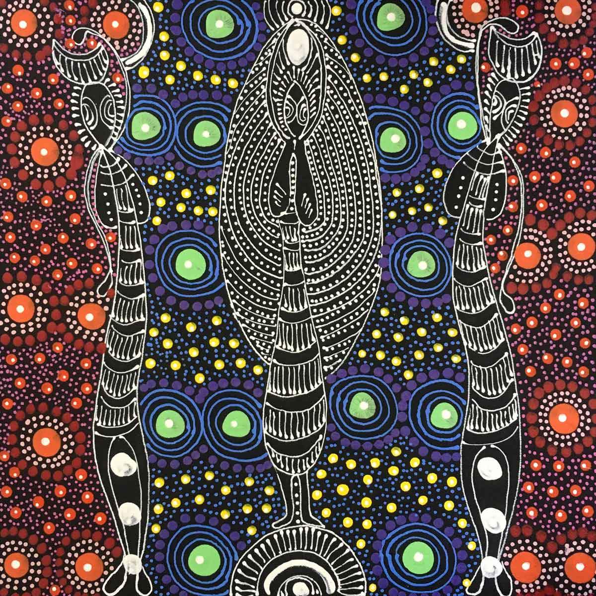 Dreamtime Sisters painting by Colleen Wallace Nungari. Australian Aboriginal Art.