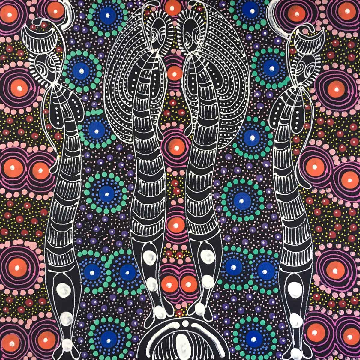 Dreamtime Sisters painting by Colleen Wallace Nungari. Australian Aboriginal Art.