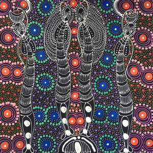 Dreamtime Sisters painting by Colleen Wallace Nungari. Australian Aboriginal Art.