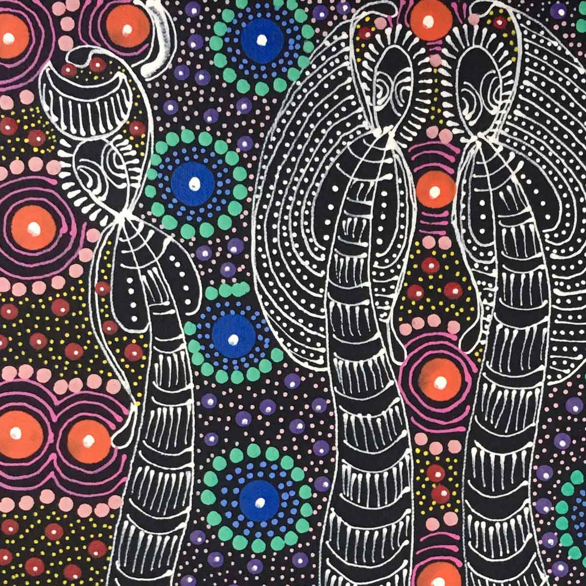 Dreamtime Sisters painting by Colleen Wallace Nungari. Australian Aboriginal Art.