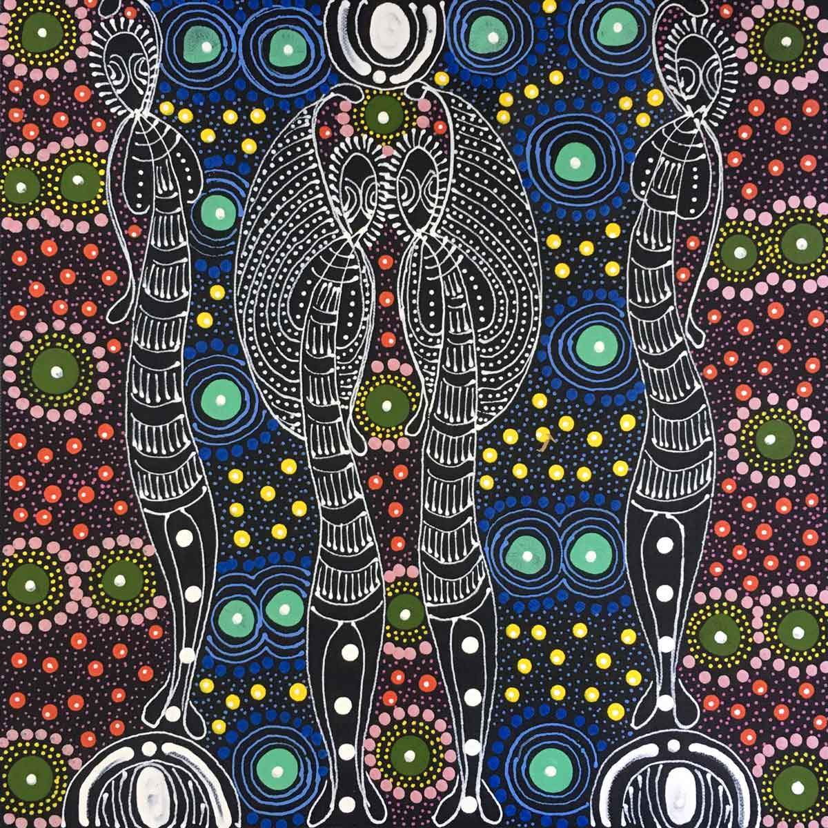 Dreamtime Sisters painting by Colleen Wallace Nungari. Australian Aboriginal Art.