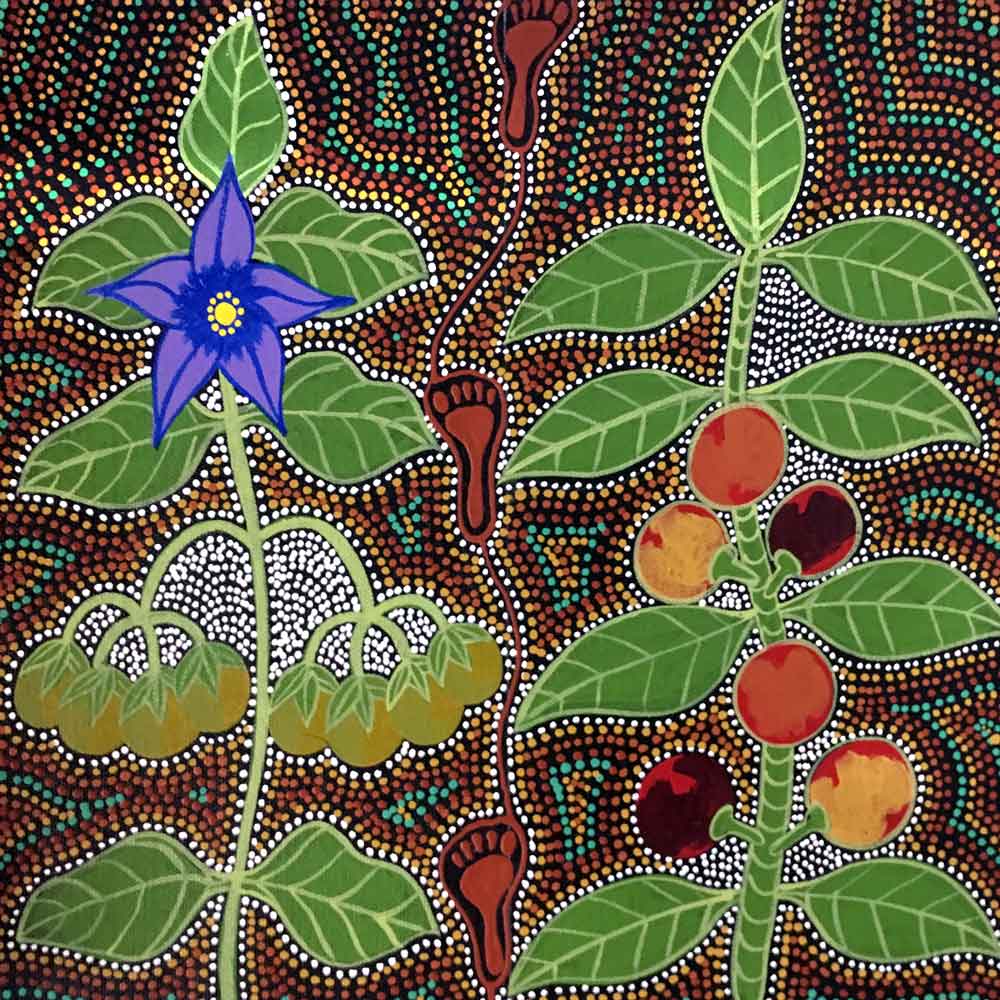 Women Collecting Bush Tucker (Wild Fig and Tomato) by Marie Ryder, 30cm x 30cm. Australian Aboriginal Art.