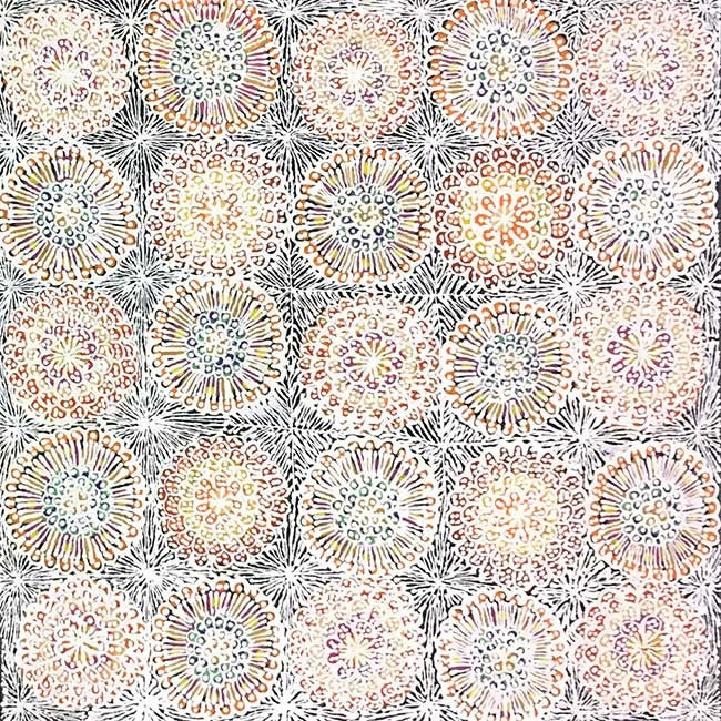 Ilyarnayt Flower by Lily Lion Kngwarreye-by-Lily Lion Kngwarrey-30cm x 30cm-at-Utopia-Lane-Gallery #AboriginalArt #Lily Lion Kngwarrey