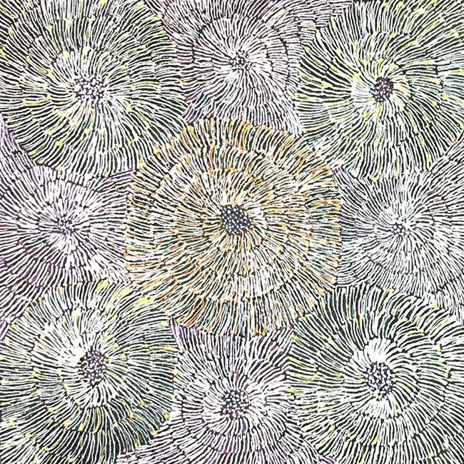 Ilyarnayt Flower by Audrey Morton Kngwarreye-by-Audrey Morton Kngwarrey-30cm x 30cm-at-Utopia-Lane-Gallery #AboriginalArt #Audrey Morton Kngwarrey