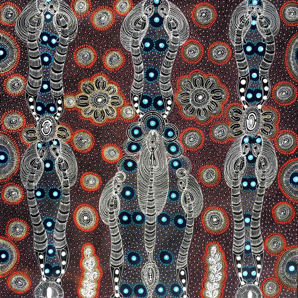 Dreamtime Sisters by Colleen Wallace Nungari by Colleen Wallace Nungari, 90cm x 90cm. Australian Aboriginal Art.