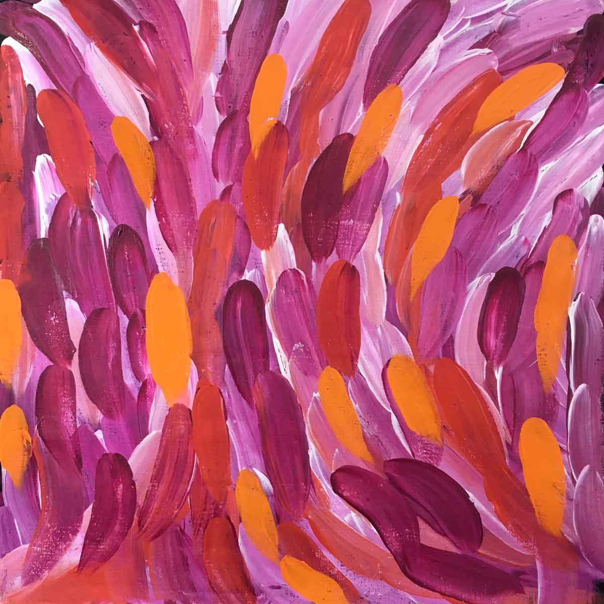 Small vibrant pink Leaves painting by Gloria Petyarre. 60cm x 60cm