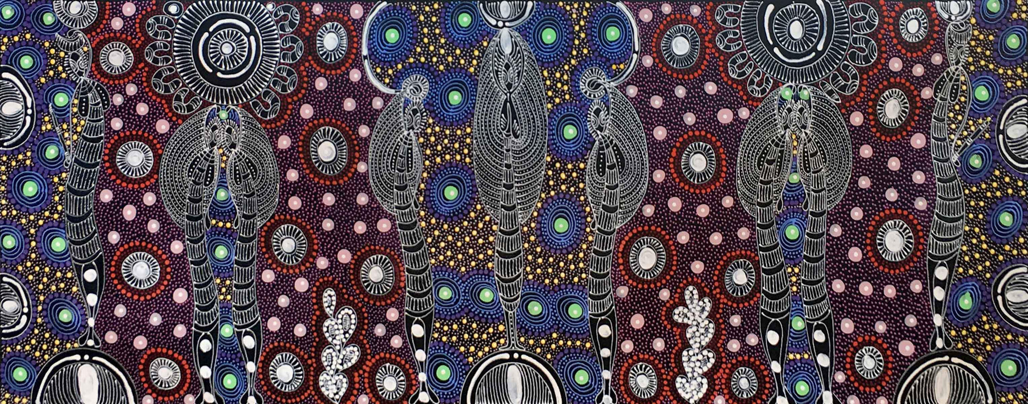 Dreamtime Sisters painting by Colleen Wallace Nungari. Australian Aboriginal Art.