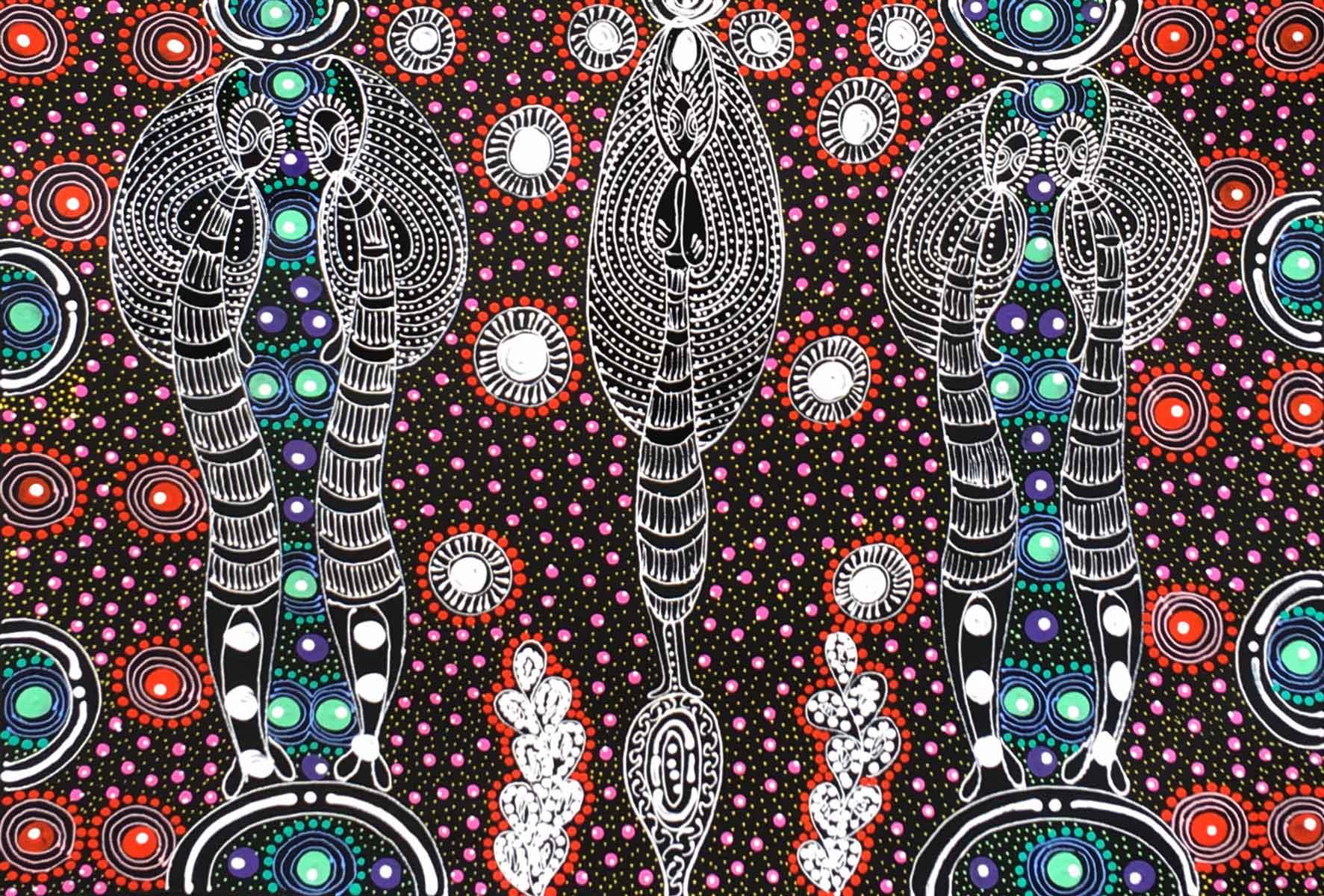 Dreamtime Sisters painting by Colleen Wallace Nungari. Australian Aboriginal Art.
