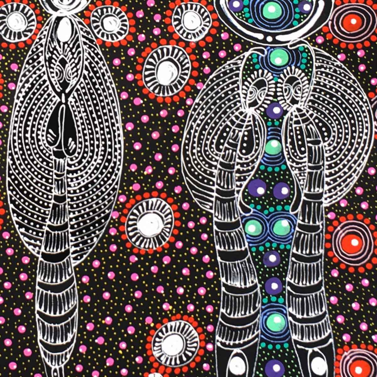 Dreamtime Sisters painting by Colleen Wallace Nungari. Australian Aboriginal Art.