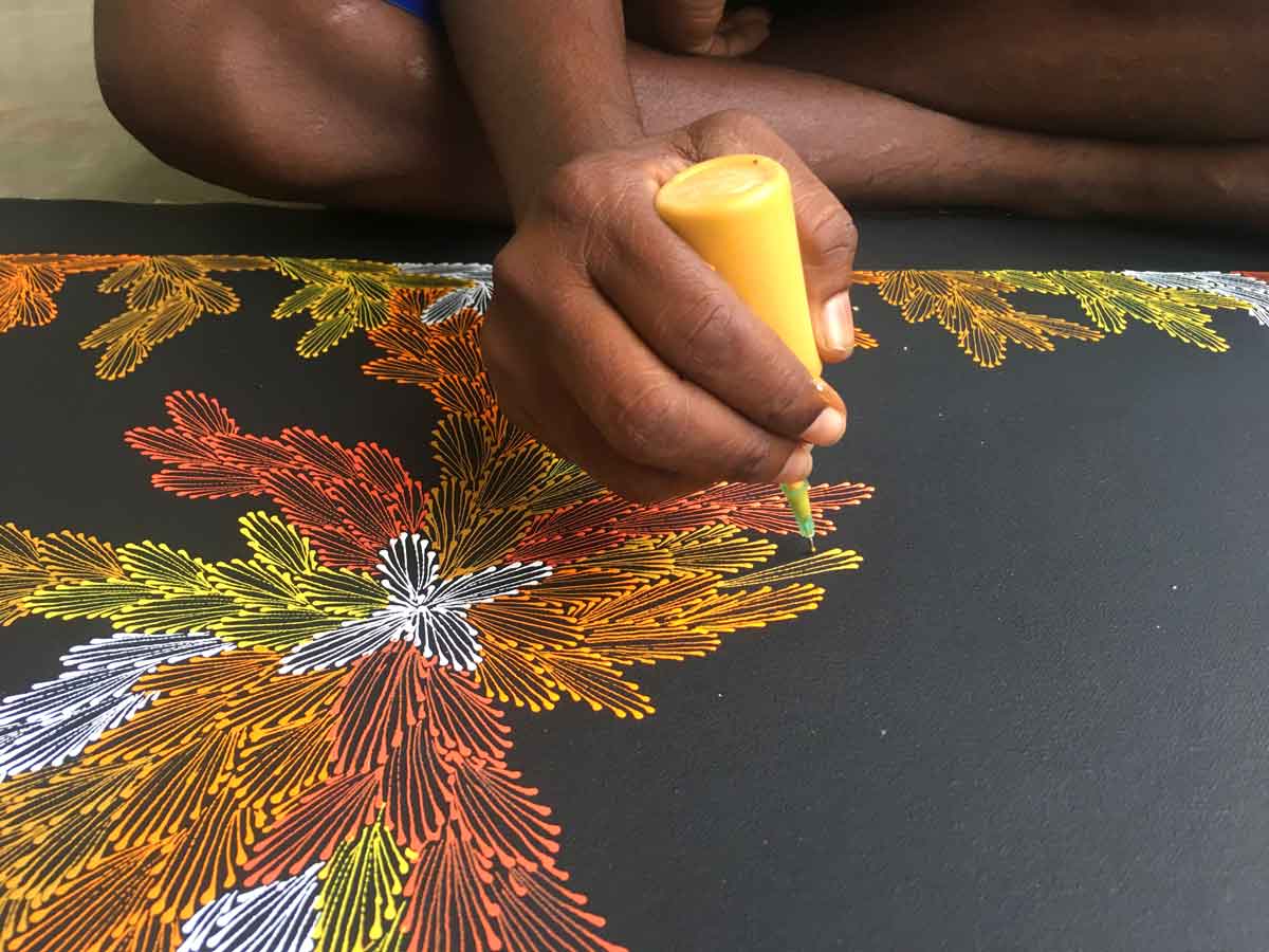 Red Mallee Flowers. Painting by Loretta Jones Petyarre. Orange, Yellow.